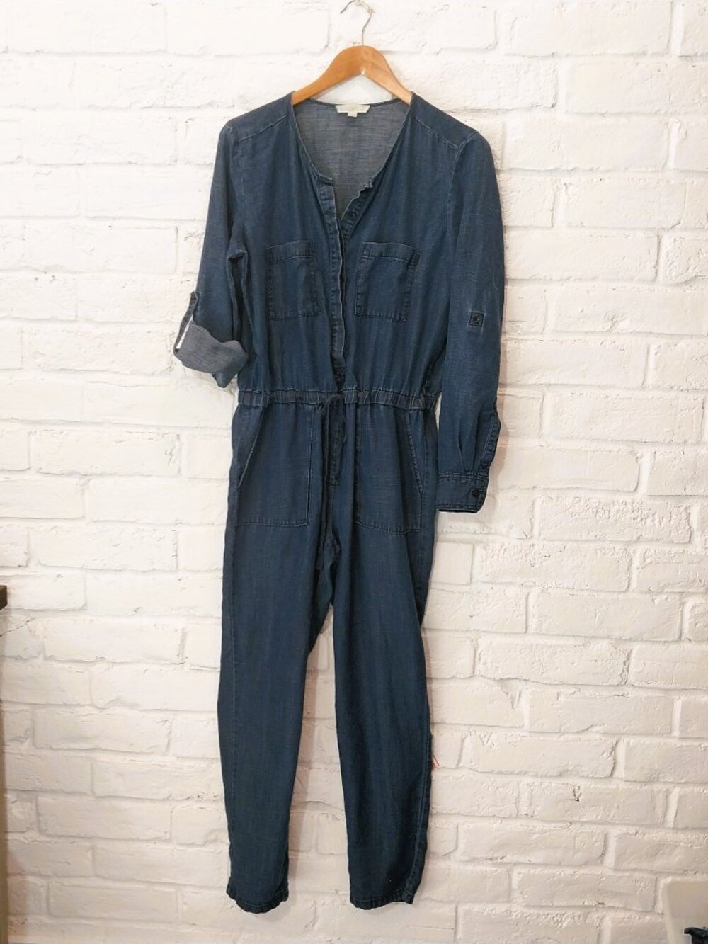 Ann Taylor LOFT Jumpsuit Womens S Blue Chambray Denim Button Up Roll Tab Sleeve.